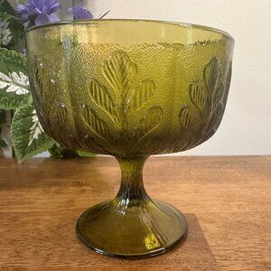 Vintage Green Avocado Glass Compote Bowl MCM Pedestal Dish Leaf Pattern Textured